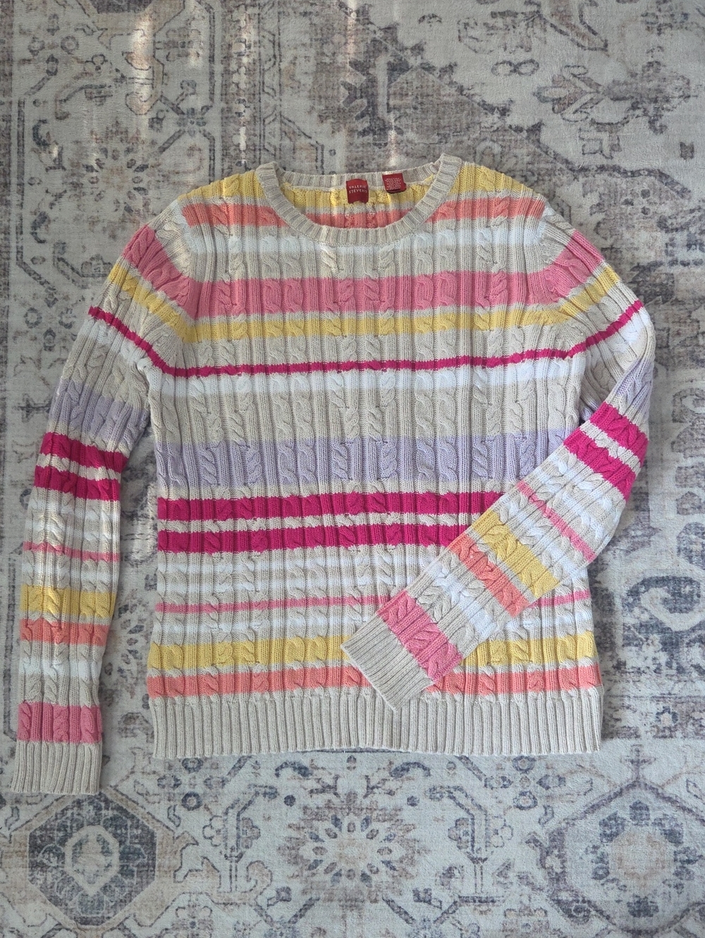 Valerie Stevens Cream Cable Knit Sweater with Pink, Yellow and Lavender Stripes